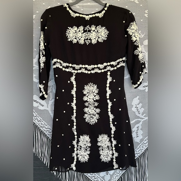 **VERB** Black/White Cocktail Mini Dress, 3/4” sleeve, Hand Embroidered - Picture 3 of 9
